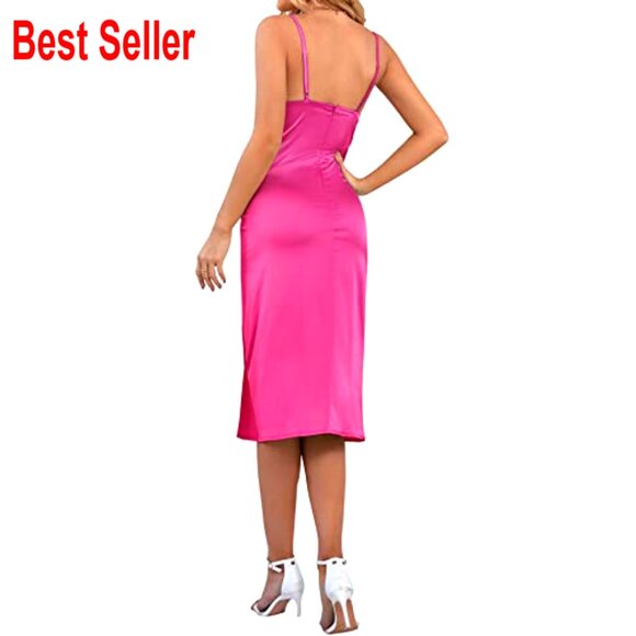 Satin Strappy Cami Midi Dress Elegant Cocktail Party Wear Adjustable Spaghetti - Picture 2 of 7